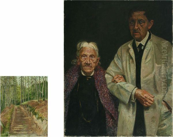 Forest Scenery And Portrait Of Aage Thune Jacobsen With His Mother Vilhelmine Oil Painting by Frederik Lange