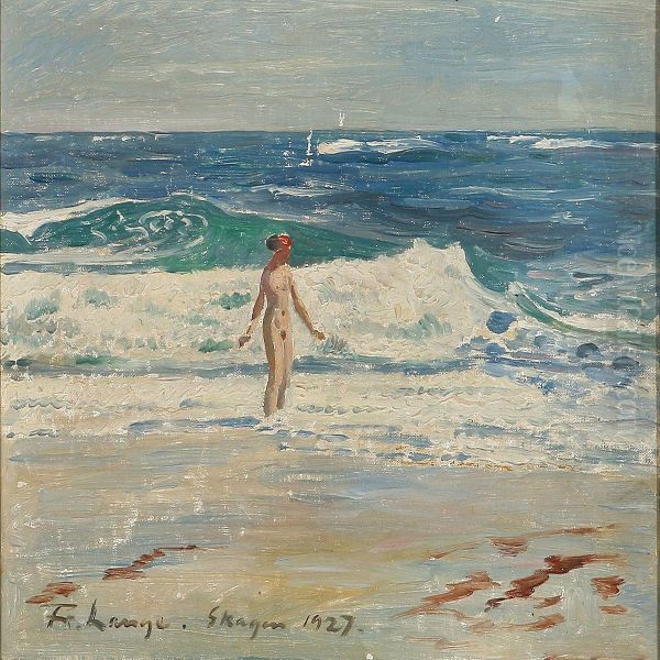 A Nude Female On Skagen Beach, Denmark Oil Painting by Frederik Lange