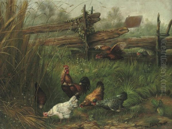 Poultry In A Meadow Oil Painting by Fritz Lange