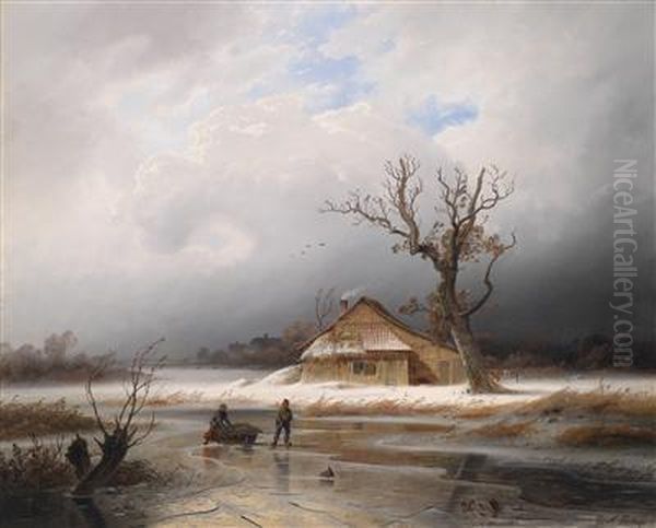 A Winter Landscape At Dusk Oil Painting by Gustav Johann Lange