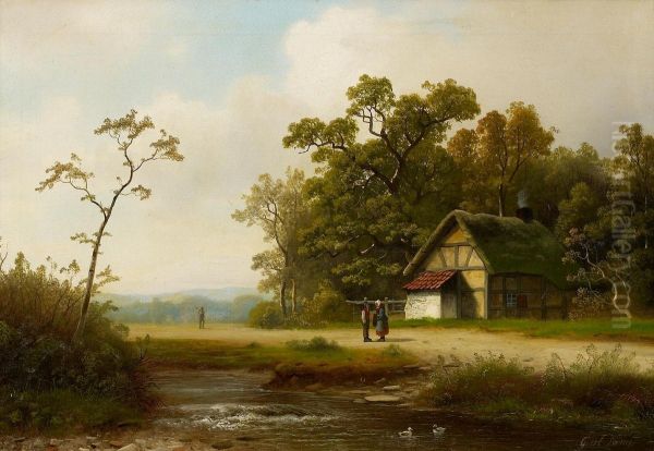 Gehoft Am Waldbach Oil Painting by Gustav Johann Lange