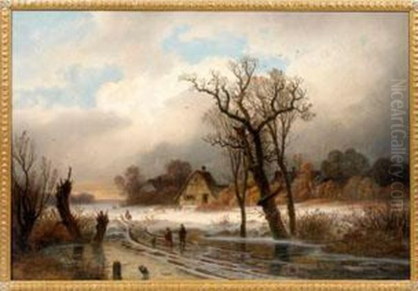 Winterliche Treibjagd Am Dorfrand Oil Painting by Gustav Johann Lange