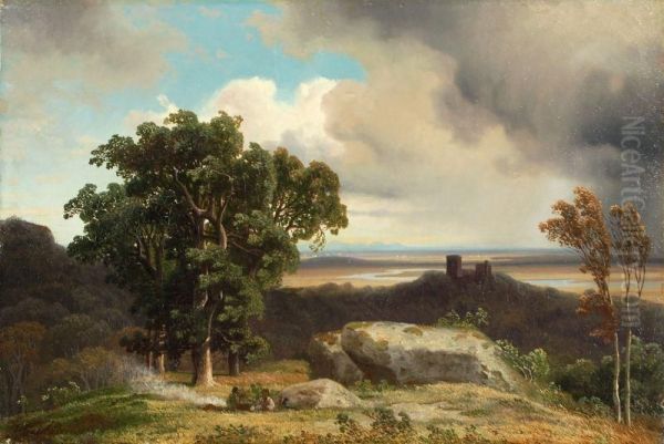 Felslandschaft Mitburg Und Figurenstaffage Oil Painting by Gustav Johann Lange