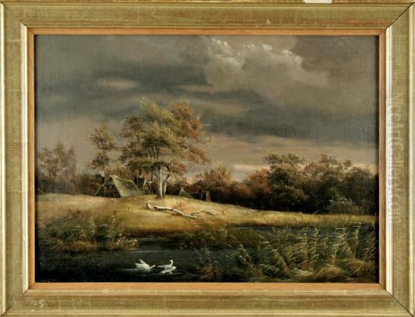 Herbstliche, Romantische Landschaft Unter Wolkenverhangenemhimmel Oil Painting by Gustav Johann Lange