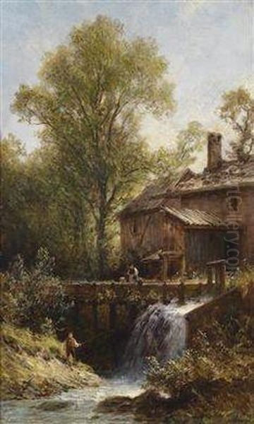 Anglers At The Weir By The Mill Oil Painting by Julius Lange