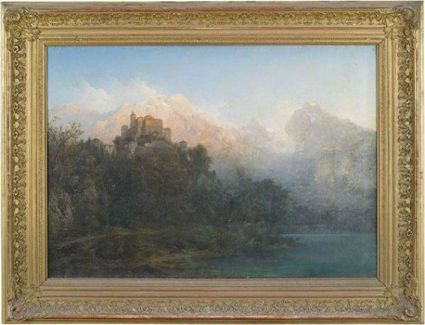 Hochgebirgslandschaft Mit Imposanter Burganlage Auf Einer Anhohe Oberhalb Eines Sees Oil Painting by Julius Lange