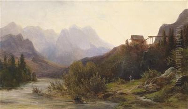 River Scenery With Human And Animal Figures Oil Painting by Julius Lange