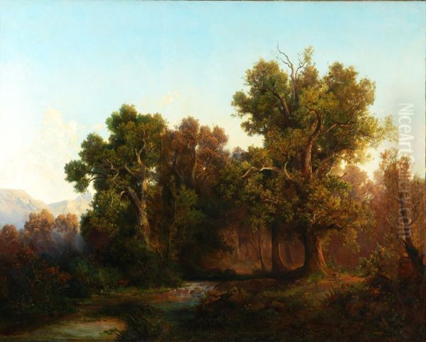 Paesaggio Boschivo Con Montagna Sullo Sfondo Oil Painting by Julius Lange