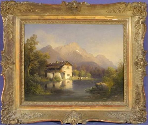 Wascherin Vor Einem Haus Am Seeufer In Sommerlicher Berglandschaft Oil Painting by Julius Lange