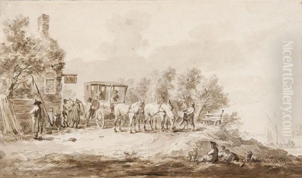 Figures By A Carriage In Front Of Aninn Oil Painting by Dirck Langendijk