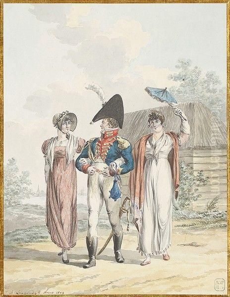 Deux Elegantes Au Bras D'un Officier Oil Painting by Jan Anthonie Langendijk