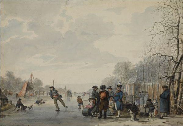 Many Skaters On The Ice, A 'koek En Zopie' In The Distance Oil Painting by Jan Anthonie Langendijk