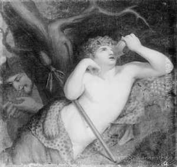 Weintrinkender Bacchusknabe Mit Einem Satyr. Oil Painting by Johann Josef Fr. Langenhoffel