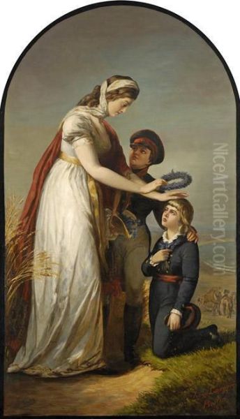 Konigin Luise Von Preusen Mit Ihren Beiden Sohnen Amostseestrand. Oil Painting by Julius Langer