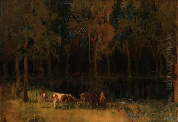 In A Pasture By A Lake Oil Painting by Karel Langer