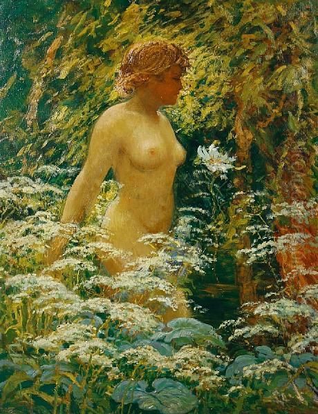 A Female Nude In A Field Of Flowers Oil Painting by Karel Langer