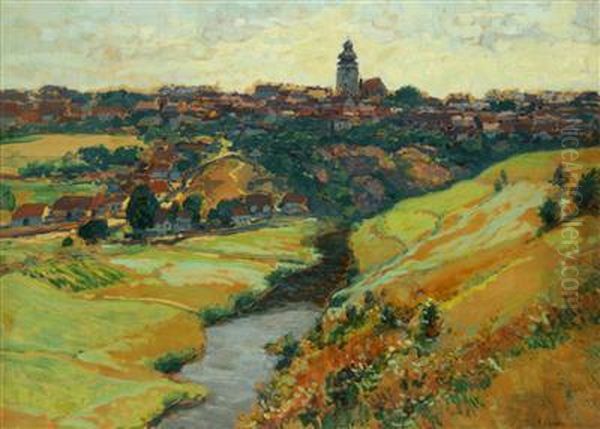 A View Of Bechyne Oil Painting by Karel Langer