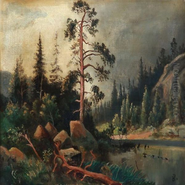 Forest Scene With A Lake Oil Painting by Olaf Viggo Peter Langer