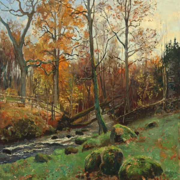 Scenery From An Autumn Forest Oil Painting by Olaf Viggo Peter Langer