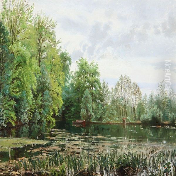 A Forest Lake In Hellebaek, Denmark Oil Painting by Olaf Viggo Peter Langer