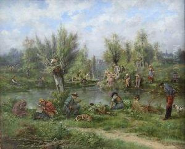 Un Dimanche En Bord De Riviere Oil Painting by Henri Langerock