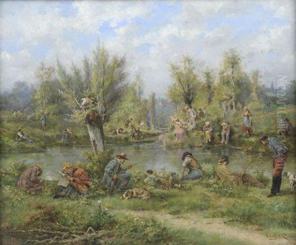 Repos Au Bord De La Riviere Oil Painting by Henri Langerock