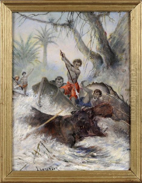 La Chasse A L'hippopotame Oil Painting by Henri Langerock