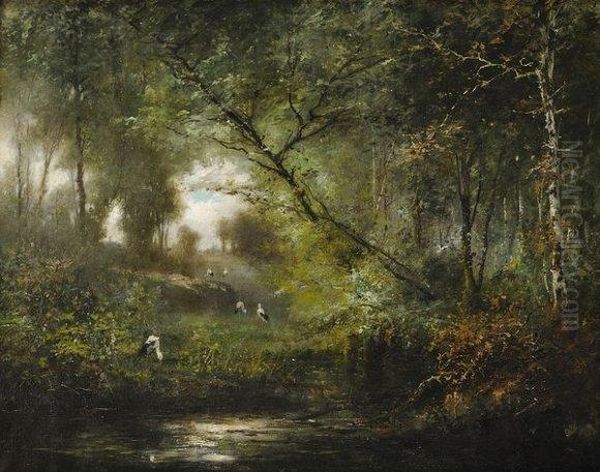 Cigognes En Foret Oil Painting by Henri Langerock