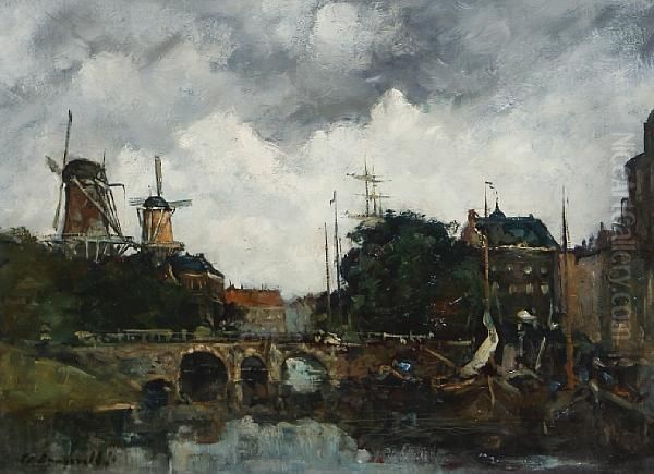 Dutch Canal Scene Oil Painting by Frans Langeveld