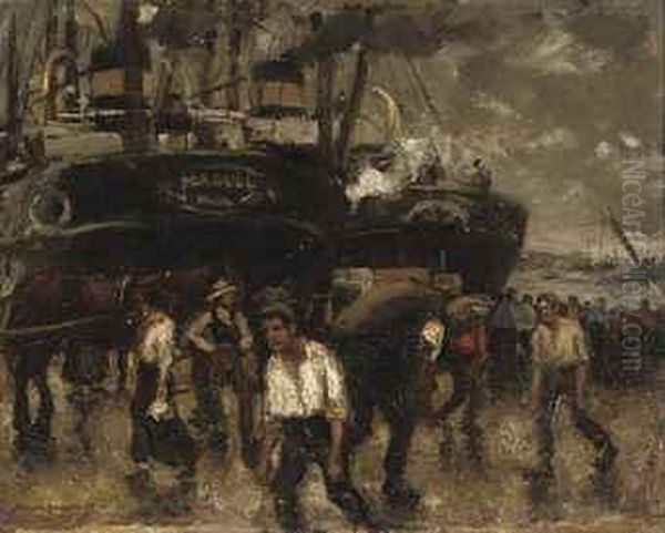 Activity In A Harbour Oil Painting by Frans Langeveld