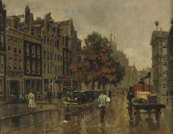 Nieuwezijds Voorburgwal, Amsterdam, With The Royal Palace At The Right Oil Painting by Frans Langeveld