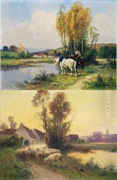 Le Retour Du Troupeau - Chevaux De Labour Oil Painting by Langevin