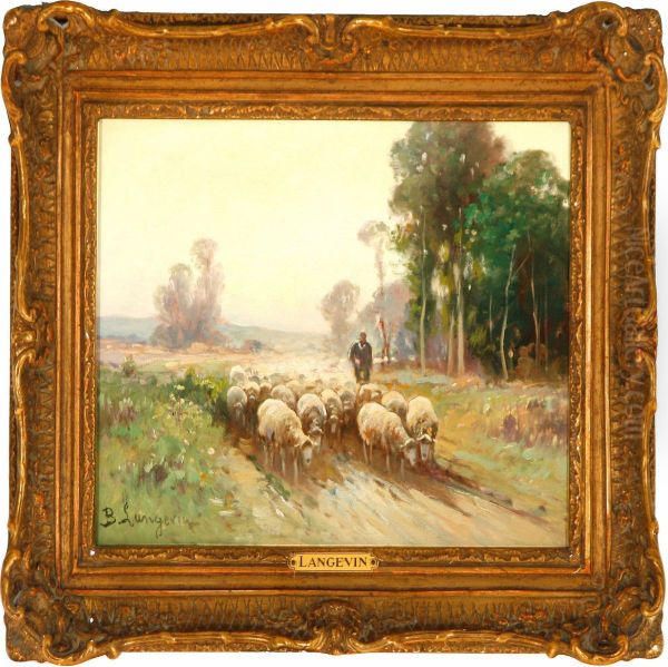 Driving His Sheep Home Oil Painting by Langevin