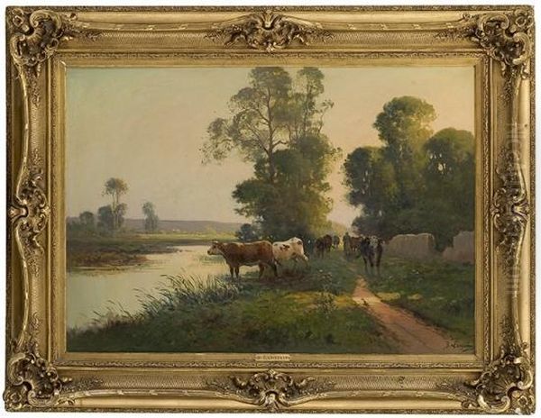 Milkmaid With Cows By Drinking Water Oil Painting by Langevin