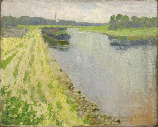 Barge At The Riverbank Oil Painting by Arthur Langhammer