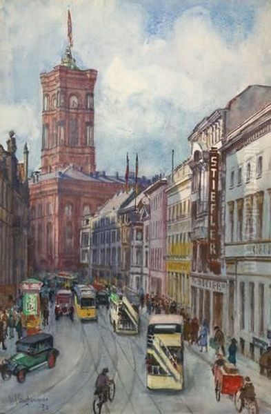 Spandauer Strasse Mit Blick Auf Das Rote Rathaus Oil Painting by Carl Langhammer