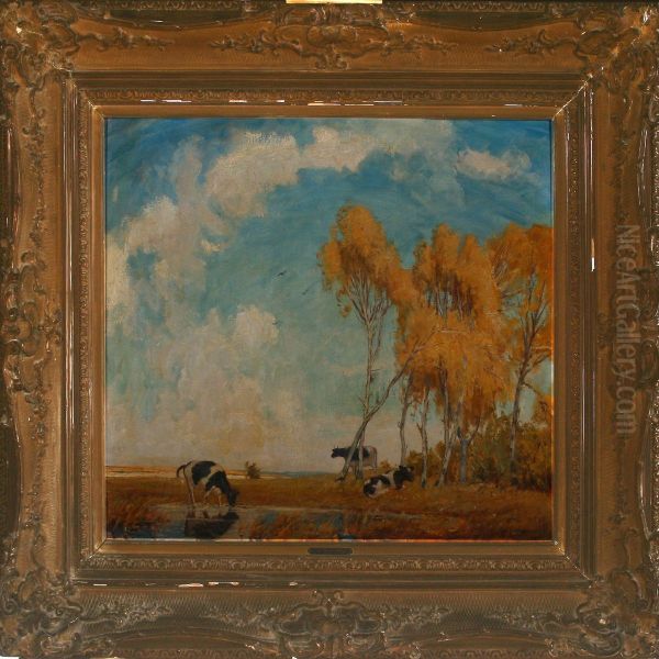 Landscape With Cows Oil Painting by Carl Langhammer