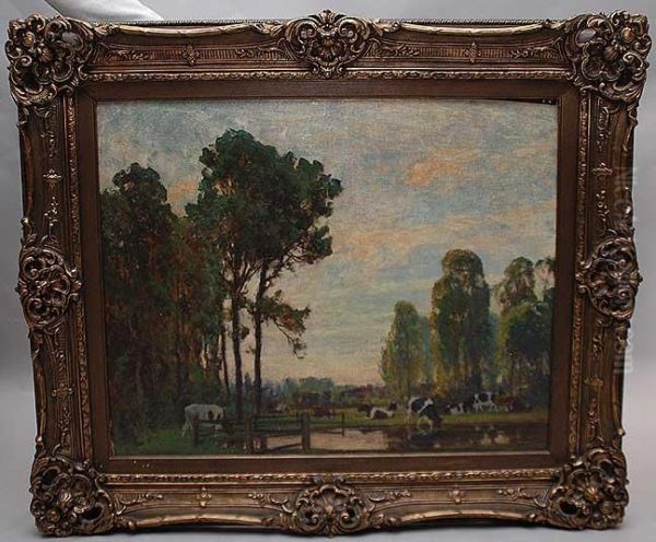 Landscape With Cows Grazing Oil Painting by Carl Langhammer