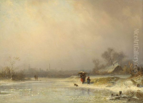 Winterliche Isarlandschaft Bei Munchen Oil Painting by Dietrich Langko