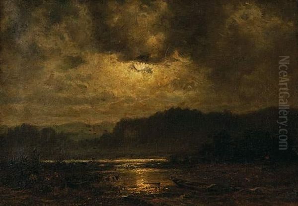 Pleine Lune Sur L'etang Oil Painting by Dietrich Langko