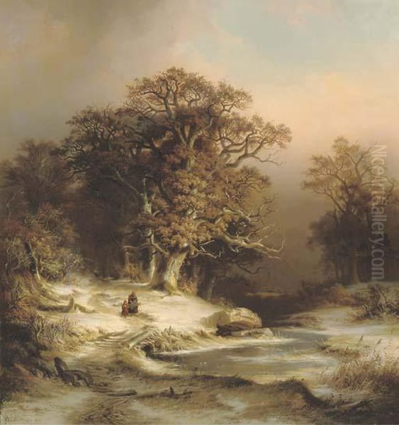 Along A Stream In Winter Oil Painting by Dietrich Langko