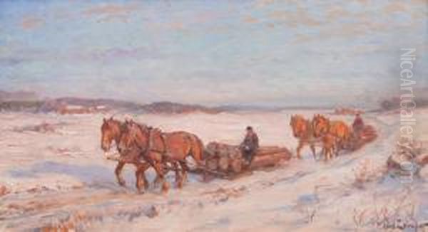 Hastar Med Timmeforor I Vinterlandskap Oil Painting by Alexander Langlet