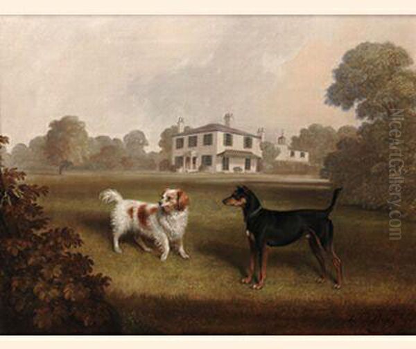 A Spaniel And A Black-tan Terrier In The Grounds Of A Countryhouse Oil Painting by Charles Dickinson Langley