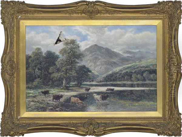 Highland Cattle Drinking At A Loch Oil Painting by William Langley