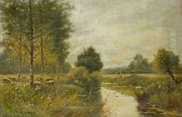 Sheep Grazing By A River Oil Painting by William Langley