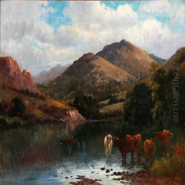 English Landscape With Cattle At A Pond Oil Painting by William Langley