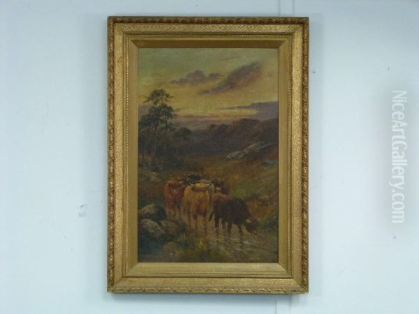 A Highland Cattle Scene With Drover Oil Painting by William Langley