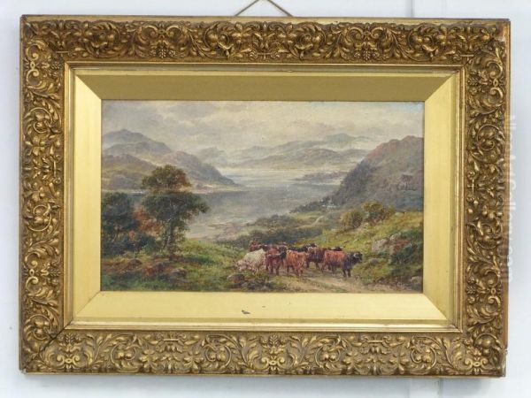 Highland Cattle By A Loch In A Mountainous Landscape Oil Painting by William Langley