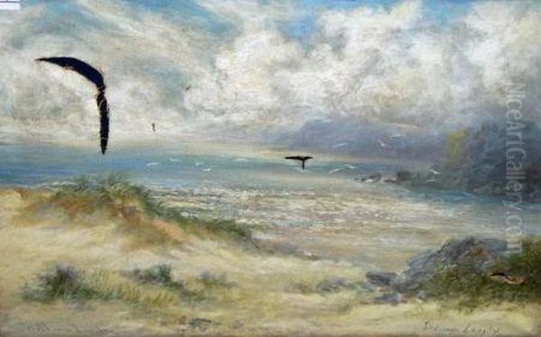 West Country Coastal View With Sea Birds Flying Over Sand Dunes Oil Painting by William Langley