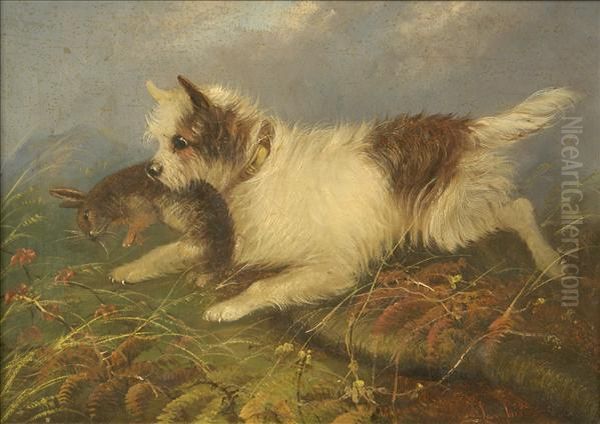 Terrier With Arabbit Oil Painting by Jean-Charles, Langlois Col.